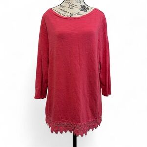 Chico’s Sz 3 FLAWED Women's Pink Top with Lace Hem Small Hole Right Side Chest